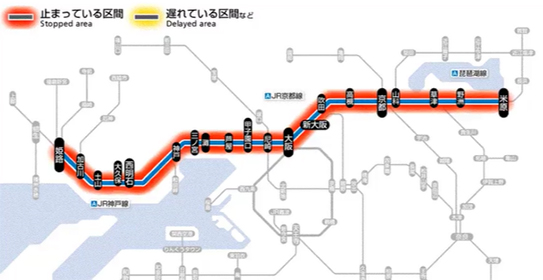 遅延するJR神戸線